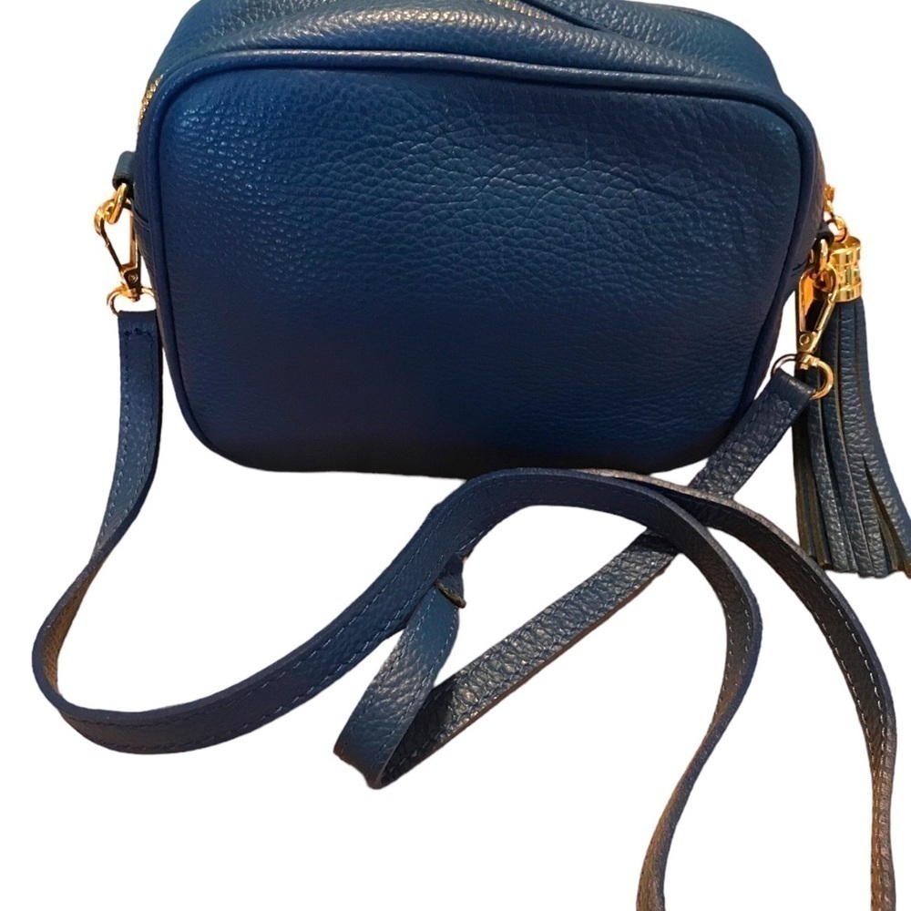 Woman’s Blue Pebbled Leather Crossbody Made in Italy Shoulder Bag Gold Hardware